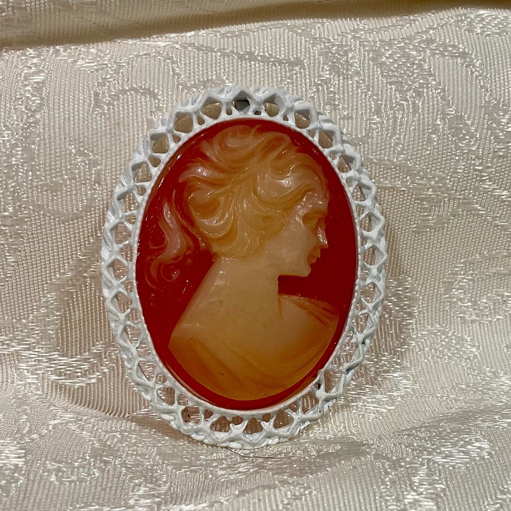 Vintage Cameo Brooch with Plastic Cabochon handcrafted in 70s